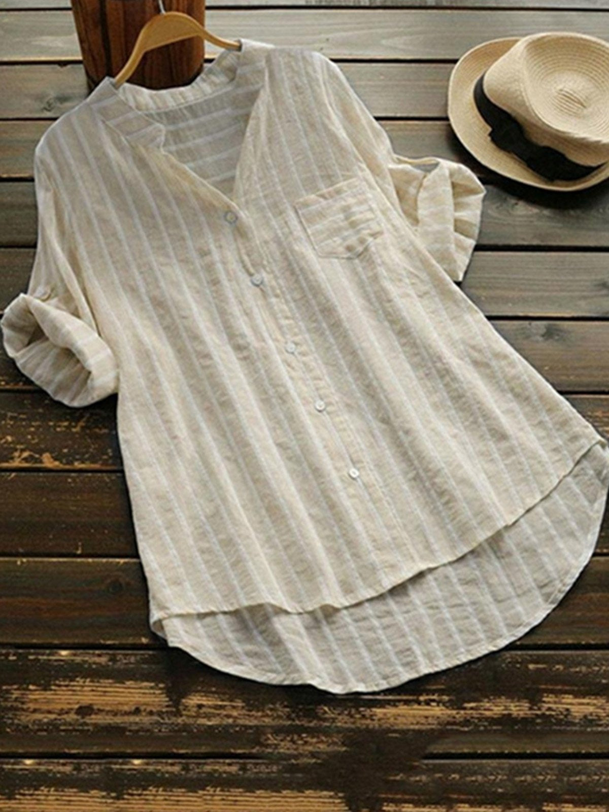Women's V-neck Stripe Pockets Half Sleeves Blouse