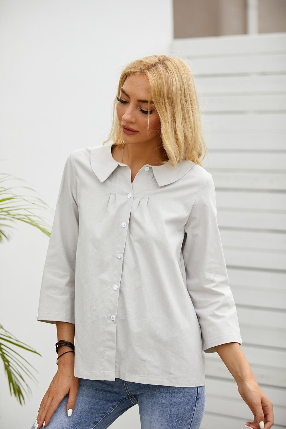 Solid Color Casual Round Neck Long Sleeves Blouse
