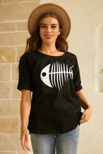 Fish Print O-neck Short Sleeves T-shirt