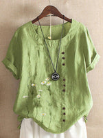 Floral Print Buttons Round Neck Short Sleeves T-shirt