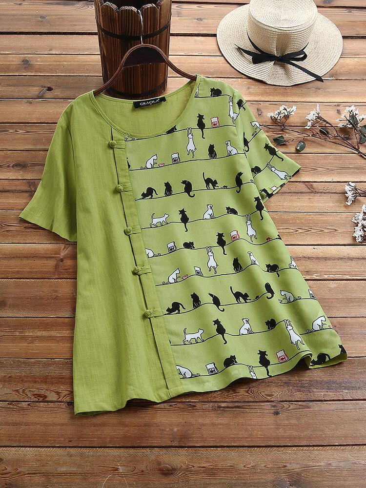 Cartoon Cat Print Buttons Round Neck Short Sleeves T-shirt