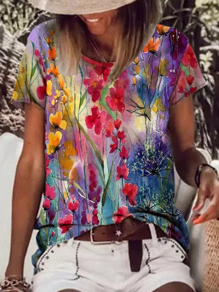 Floral Print Round Neck Tie-dye Short Sleeves T-shirt