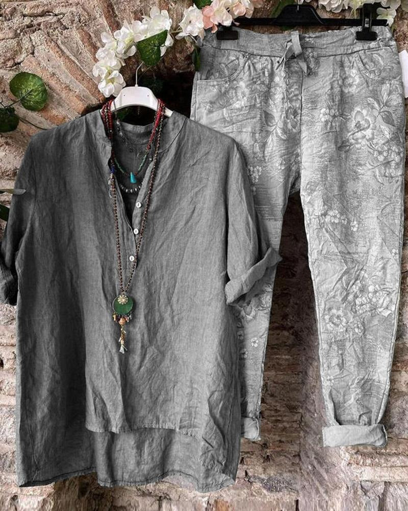 Floral Print Buttons Half Sleeves Two Piece Suit