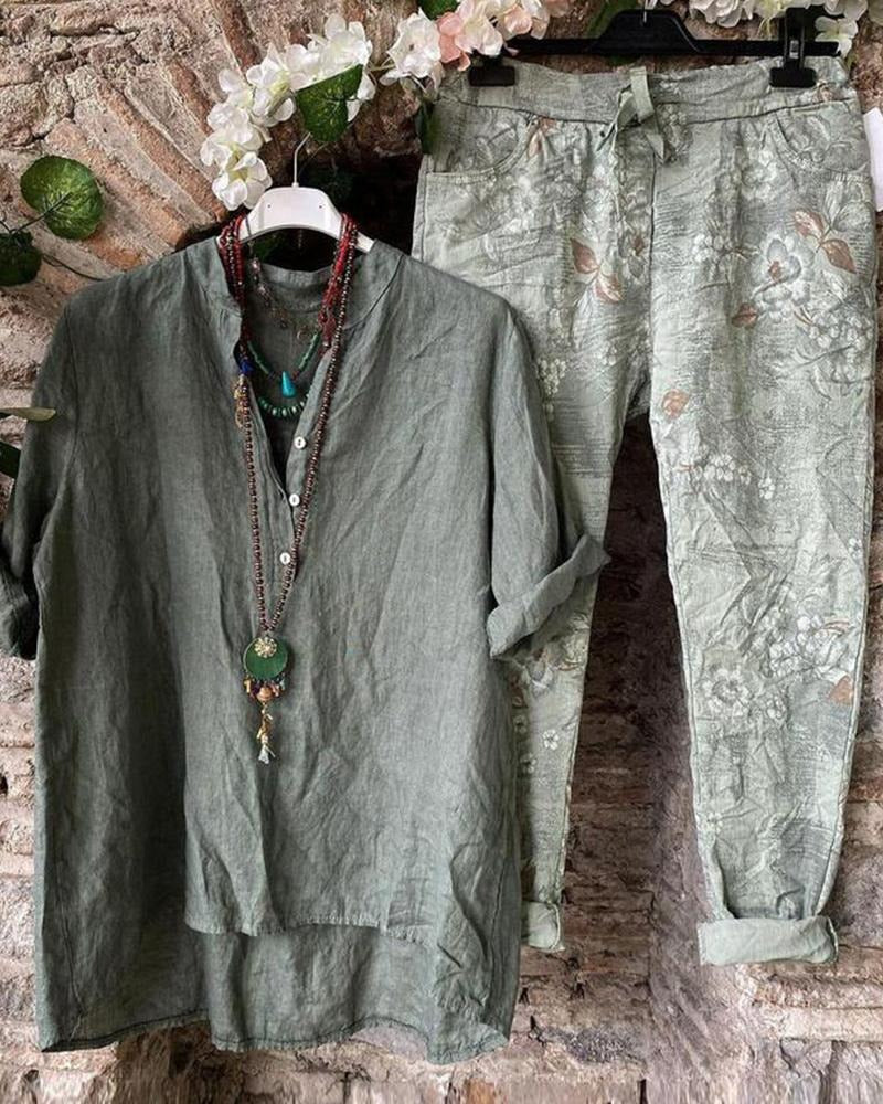 Floral Print Buttons Half Sleeves Two Piece Suit
