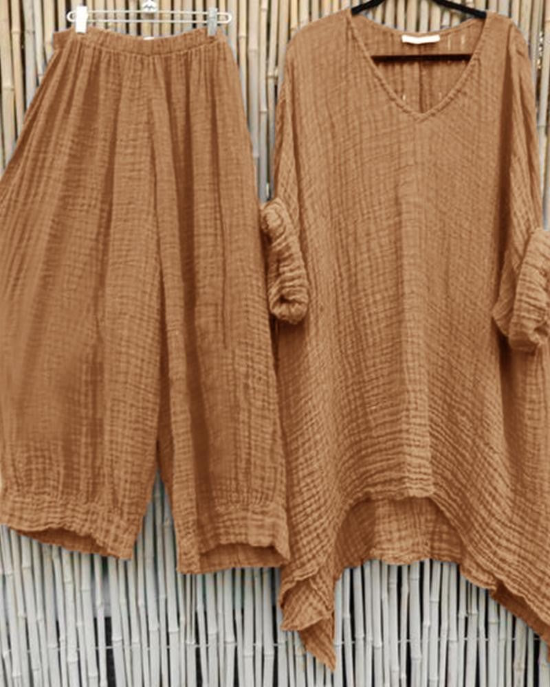 Solid Color Casual V-neck Short Sleeves Two Piece Suit