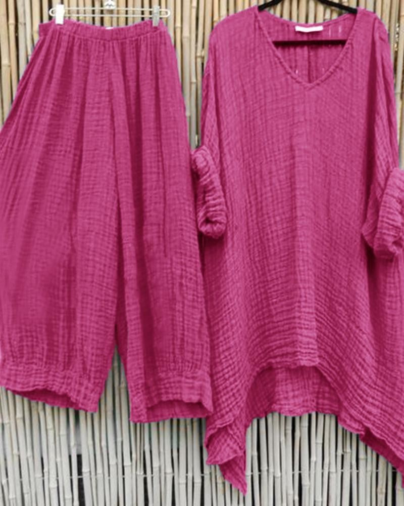 Solid Color Casual V-neck Short Sleeves Two Piece Suit