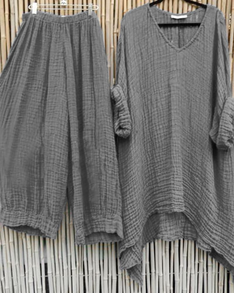 Solid Color Casual V-neck Short Sleeves Two Piece Suit