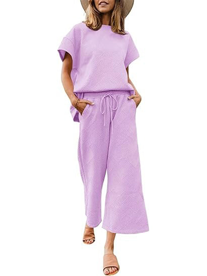 Women's Short Sleeve Tops and Cropped Wide Leg Pants Sweatsuit