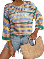 Women's 3/4 Sleeve Hollow Out Color Block Striped Tops