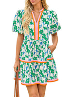 Women's V Neck Floral Dress Short Puff Sleeve Boho Dresses