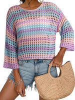 Women's 3/4 Sleeve Hollow Out Color Block Striped Tops
