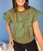 Women's Contrast Ribbon Bow Ruffle Sleeve Top