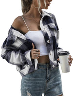 Women's Flannel Plaid Button Down Cropped Jacket