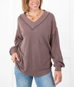 Women's Ribbed Long Sleeve V-Neck Pullover Tops