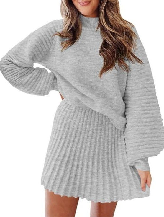 Women's Ribbed Sweater Two Piece Skirt Sets