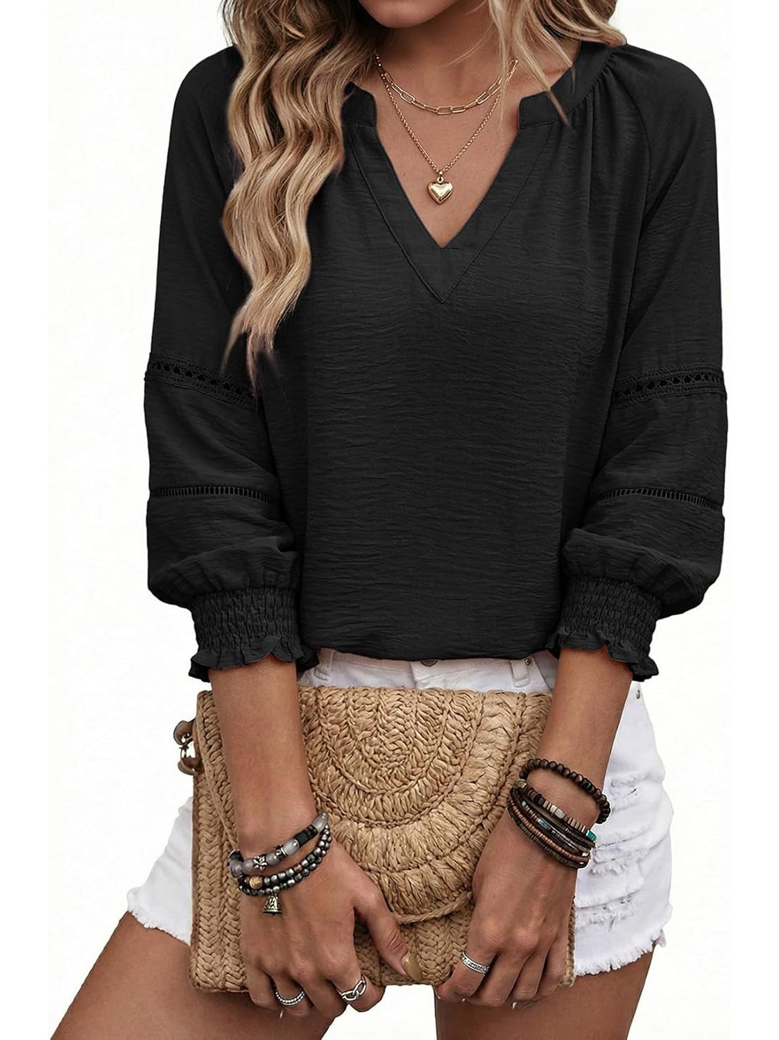 Women's 3/4 Sleeve V Neck Pleated Business Tops
