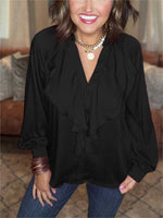 Satin Ruffle V-Neck Blouse
