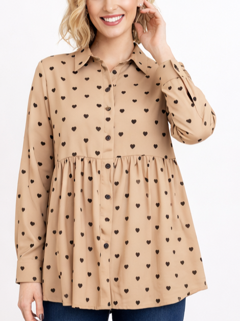 Women's Heart Print Ruffled Blouse