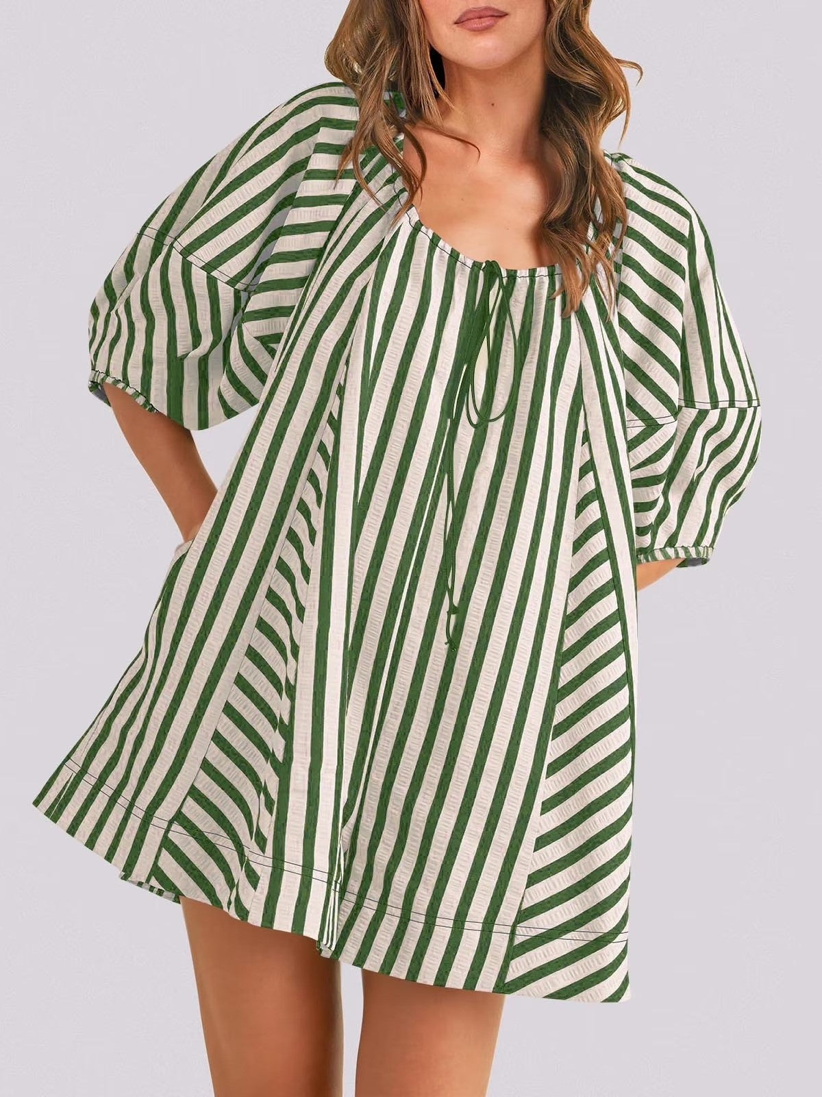 Women's Casual Loose Puff Sleeve Striped Romper