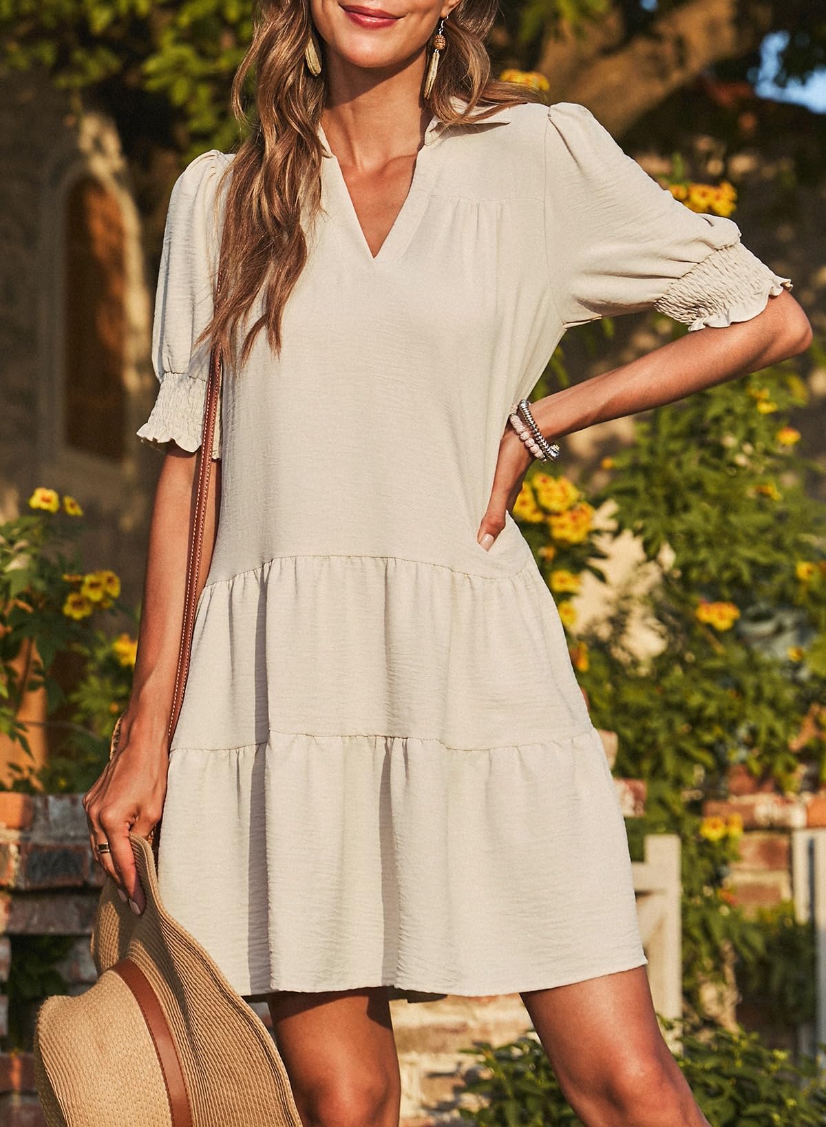 Women's Smocked Sleeve Tiered V-Neck Mini Dress