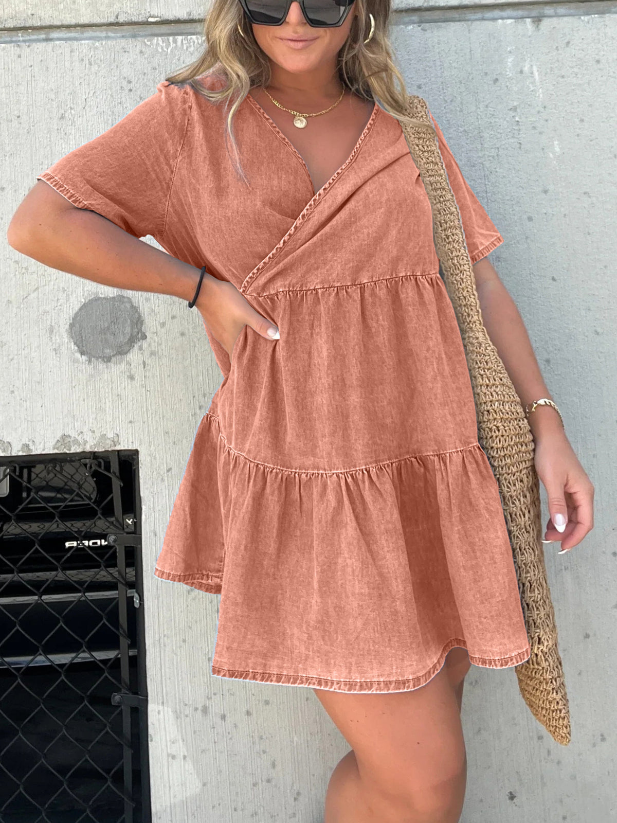 Denim Ruffle V-Neck Mini Dress