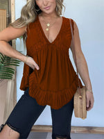 V-neckline Sleeveless Flow Top with Lace Trim