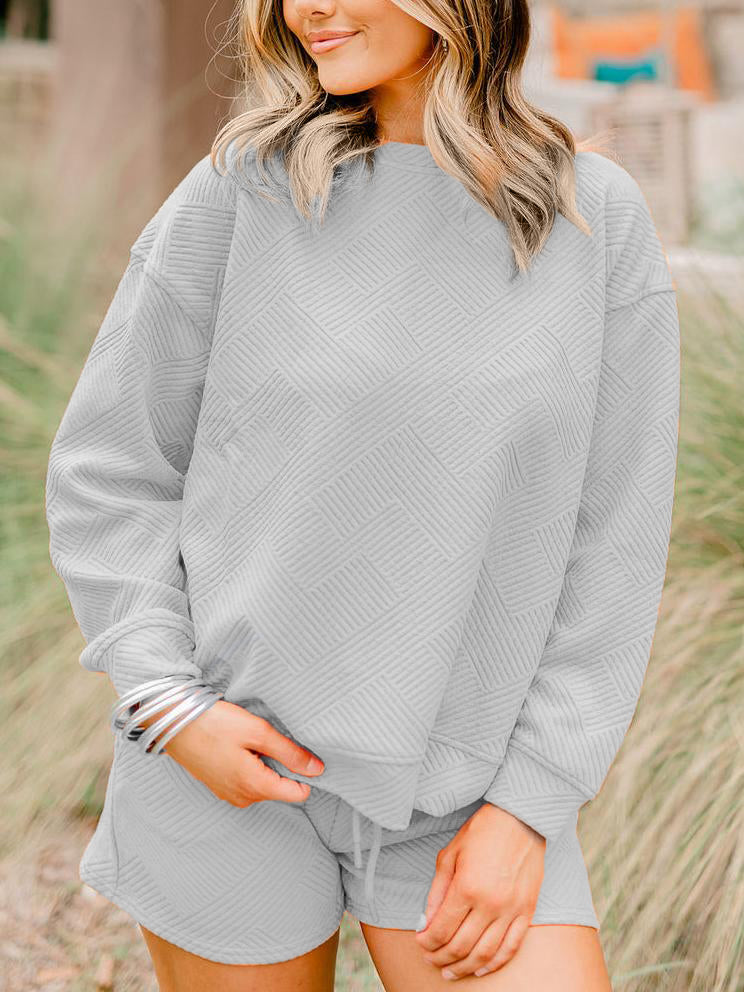 Women's Textured Long Sleeves Drawstring Shorts Set