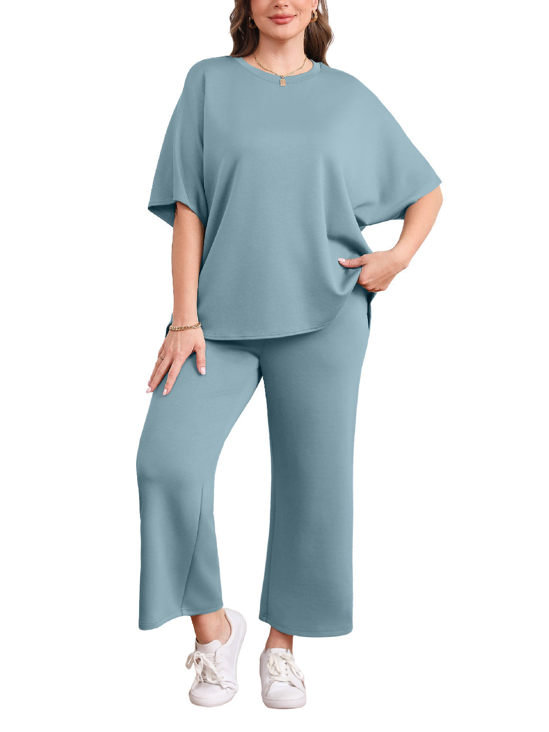 Women Oversized T-shirt and Wide Leg Crop Pants 2 Piece Sets