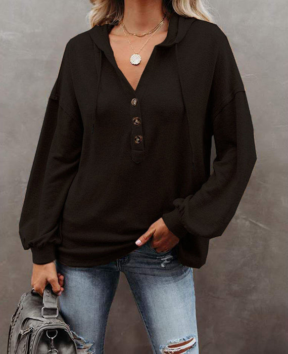 ButtonCasual Loose Solid Color Closure Hoodie