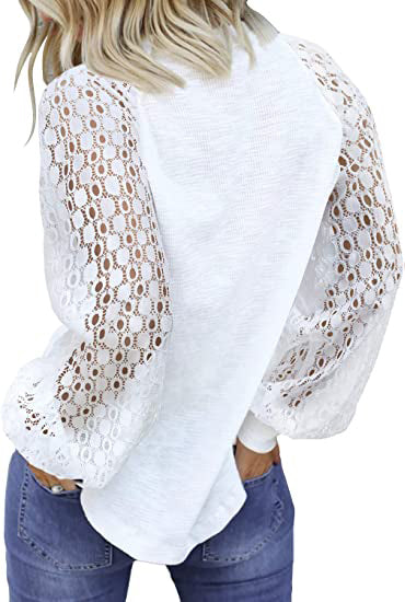 Round neck long sleeve lace splicing loose T-shirt