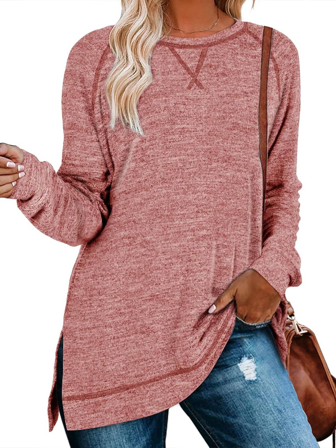 Women's Fall Side slit Long Sleeve Shirts Tunic Tops