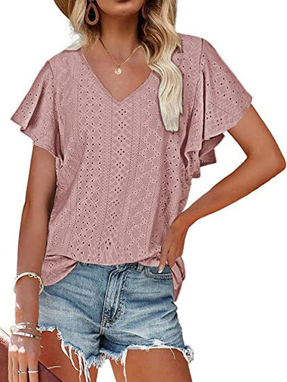 Women's Hollow Waistband Ruffle Sleeve T-shirt