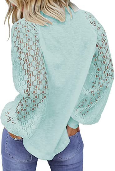 Round neck long sleeve lace splicing loose T-shirt