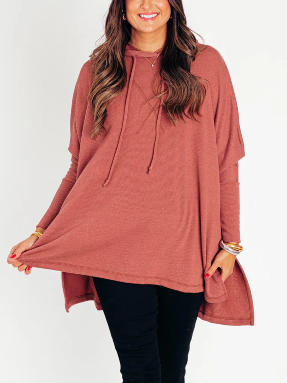 Women's Oversized Bat Sleeve Ribbed Hooded Pullover