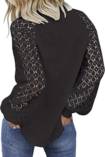 Round neck long sleeve lace splicing loose T-shirt