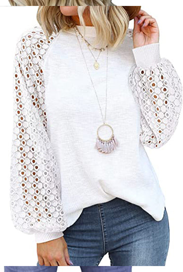 Round neck long sleeve lace splicing loose T-shirt