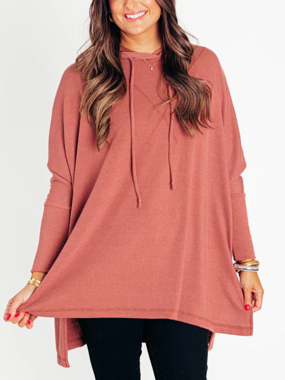 Women's Oversized Bat Sleeve Ribbed Hooded Pullover