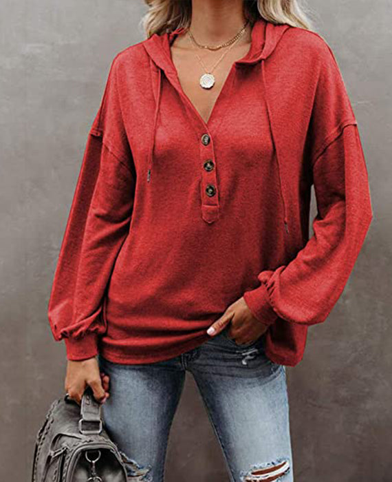 ButtonCasual Loose Solid Color Closure Hoodie