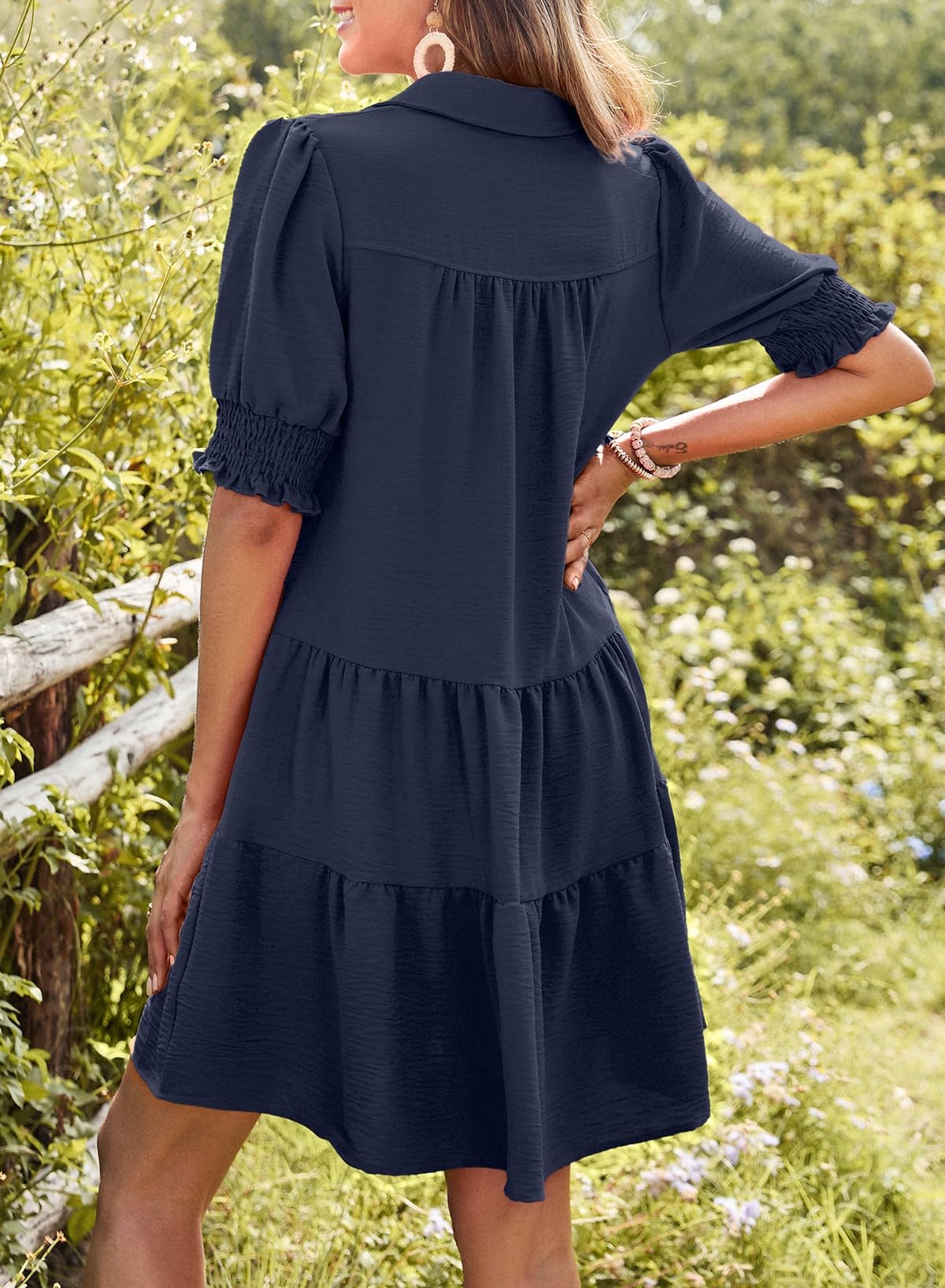 Women's Smocked Sleeve Tiered V-Neck Mini Dress