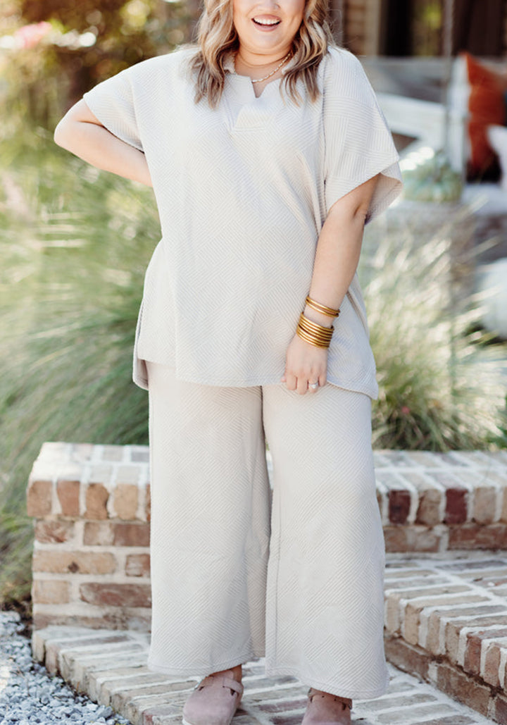 New Textured V Neck Top and Pants Casual Set