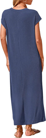 Women's Ribbed Henley Button Up Split Long Dress