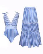 Bowknot Striped Print One Piece Swimsuit and Skirt