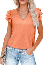 Solid Color V-neck Ruffle Short Sleeve