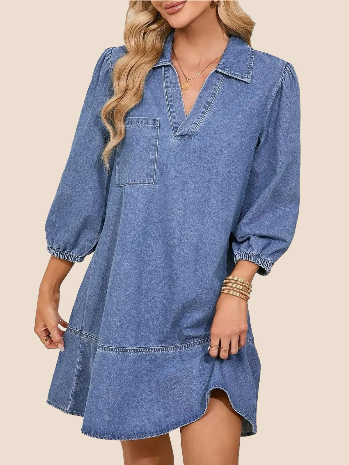 Women's V-Neck Puff Sleeve Denim Layered Dress