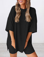 Women's Round Neck Side Slit Short Sleeve Top Tight Shorts Set