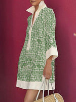 Women's Three-Quarter Sleeves Printed Lapel Shirt Dress