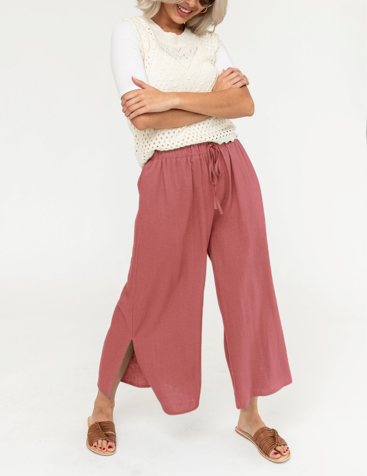 Women's Drawstring Wide Leg Side Slit Pants