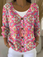 Women's Vintage Floral Art Print Buttoned V-neck Cardigan Sweater