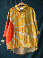 Women's Artistic Sun Abstract Lines Print Casual Cotton And Linen Ruffle Shirt