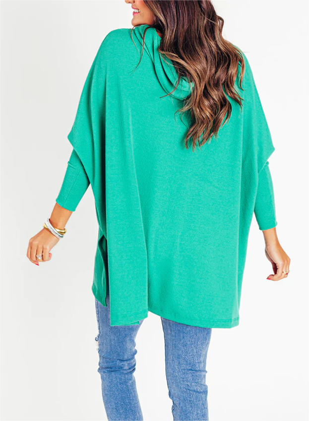 Women's Oversized Bat Sleeve Ribbed Hooded Pullover